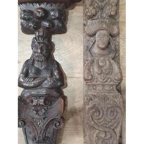 60 - Two 17th Century carved oak Caryatids and an antique oak Corbel with carved face (R5)