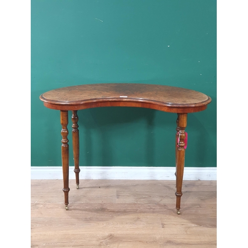 624 - A Victorian burr walnut kidney shaped Side Table raised on turned tapering supports 3ft 6in W x 2ft ... 