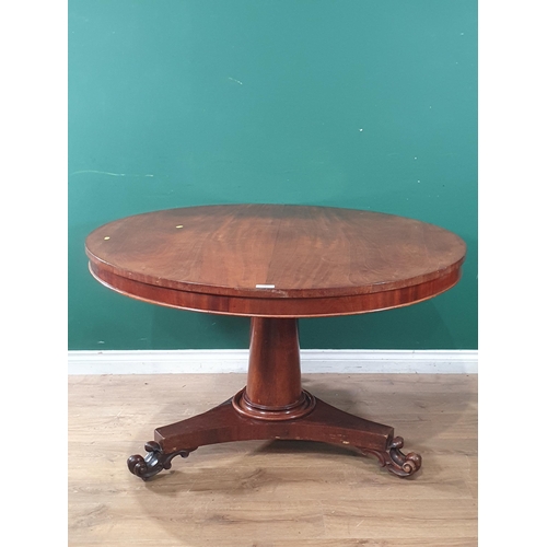 757 - A Victorian mahogany circular Breakfast Table on barrel turned column and scroll feet 3ft 11in D x 2... 