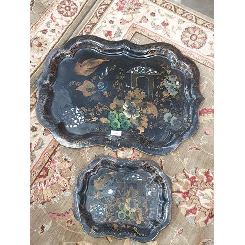 758 - A tollware Tray with painted decoration 2ft 6in x 1ft 10in (R8)