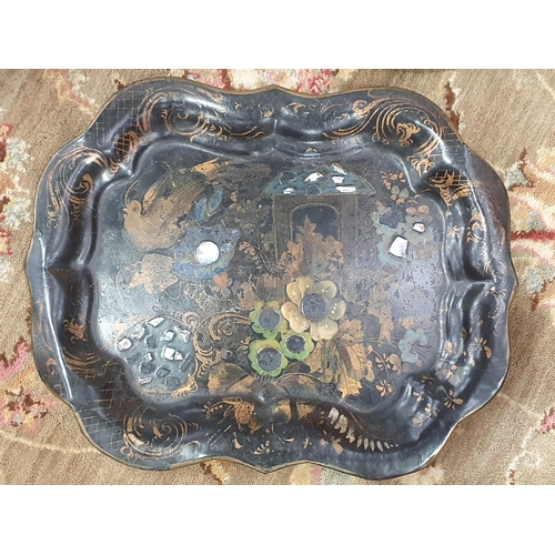 758 - A tollware Tray with painted decoration 2ft 6in x 1ft 10in (R8)