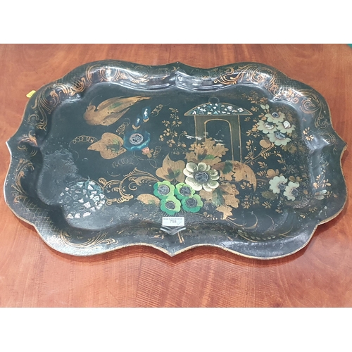 758 - A tollware Tray with painted decoration 2ft 6in x 1ft 10in (R8)