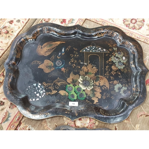 758 - A tollware Tray with painted decoration 2ft 6in x 1ft 10in (R8)