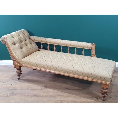 76 - A Victorian pine Chaise Lounge with green and gold striped upholstery 5ft 5in L x 2ft 5in H (R6)