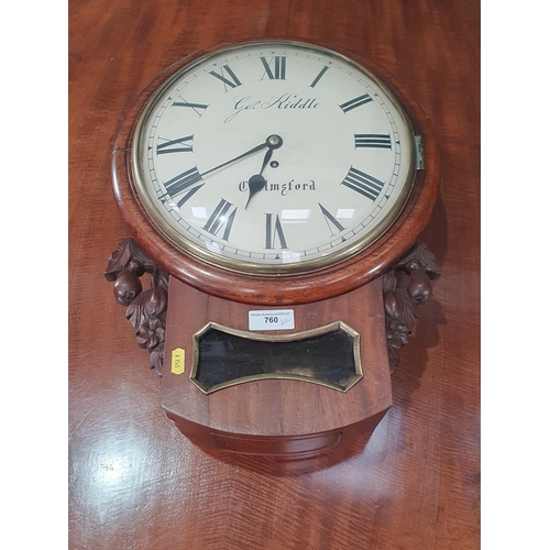 760 - A 19th Century mahogany Wall Clock by George Kiddle, Chelmsford 1ft 8in H x 1ft 3in W (R8)