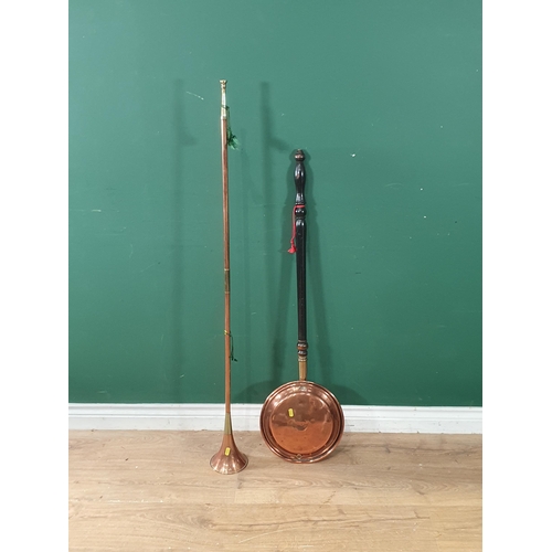 80 - A walnut veneered Nest of three Tables 1ft 9in W x 1ft 8in H, a Coaching Horn and a Warming Pan (R6)