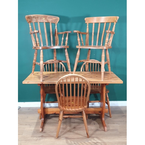 96 - A pine Refectory Table 4ft 6in L x 2ft 6in H and five Chairs including two Carvers A/F (R6)