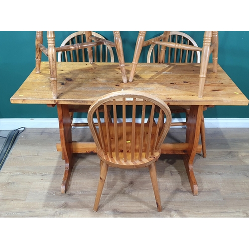 96 - A pine Refectory Table 4ft 6in L x 2ft 6in H and five Chairs including two Carvers A/F (R6)