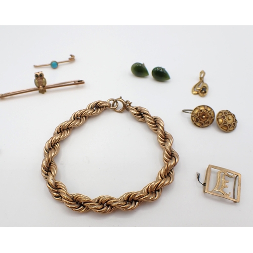 181 - A 9ct gold rope twist Bracelet, a Bar Brooch with owl set green stone eyes marked 9ct, a small Penda... 