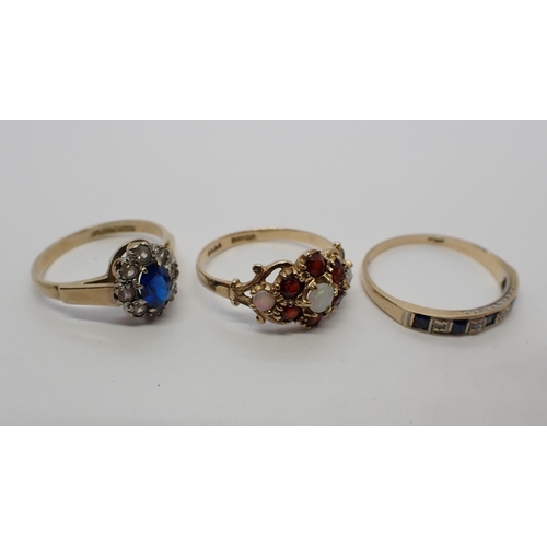 194 - A blue and white synthetic Spinel Cluster Ring, ring size L, an Opal and Garnet Cluster Ring, ring s... 