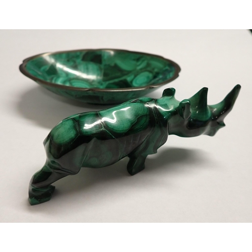 233 - A malachite Model of a Rhino and a malachite Pin Dish