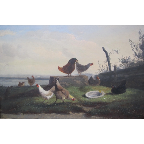 402 - JEF LOUIS VAN LEEMPUTTEN. Chickens in a Meadow, signed and dated 1893, oil on panel, 9 x 14 in