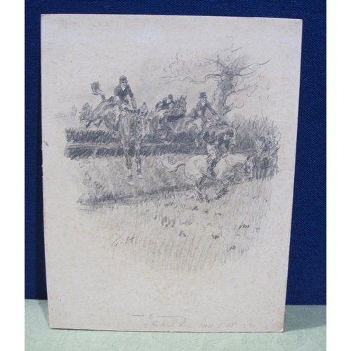 410 - GILBERT JOSEPH HOLIDAY. Jumping a water ditch, pencil sketch, 14 x 10 1/2 in; two other pencil sketc... 