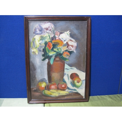 417 - ORTIZ(?) . A Still Life of Flowers and Apples, indistinctly signed, oil on canvas, 25 1/2 x 18 in, a... 