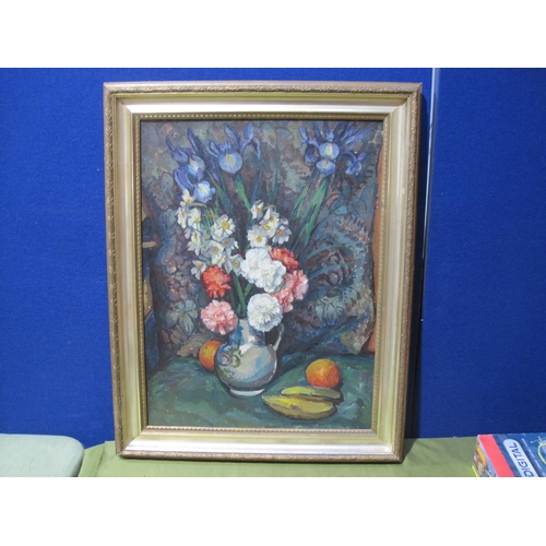 417 - ORTIZ(?) . A Still Life of Flowers and Apples, indistinctly signed, oil on canvas, 25 1/2 x 18 in, a... 