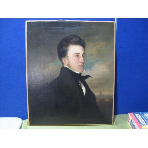 420 - ENGLISH SCHOOL CIRCA 1840. Portrait of a young Man, half-length, a seascape beyond, oil on canvas, u... 