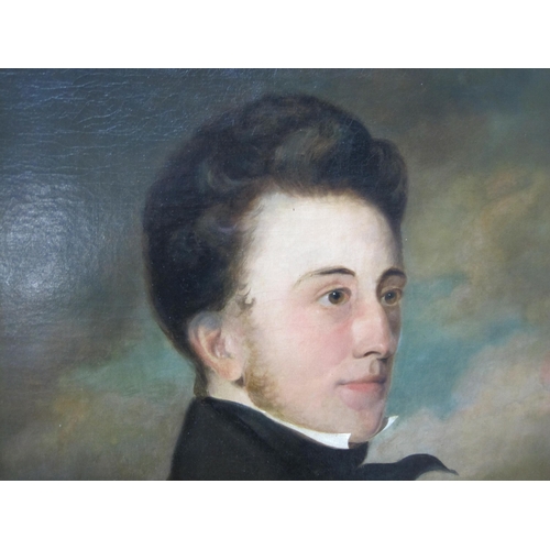 420 - ENGLISH SCHOOL CIRCA 1840. Portrait of a young Man, half-length, a seascape beyond, oil on canvas, u... 