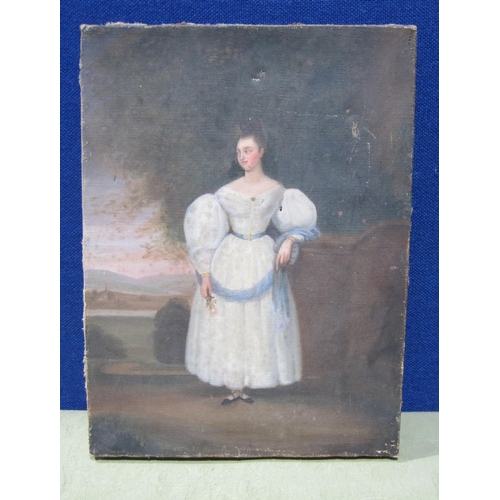 422 - ENGLISH SCHOOL CIRCA 1830. Portrait of a Girl, wearing a white Dress standing on a Terrace, oil on c... 