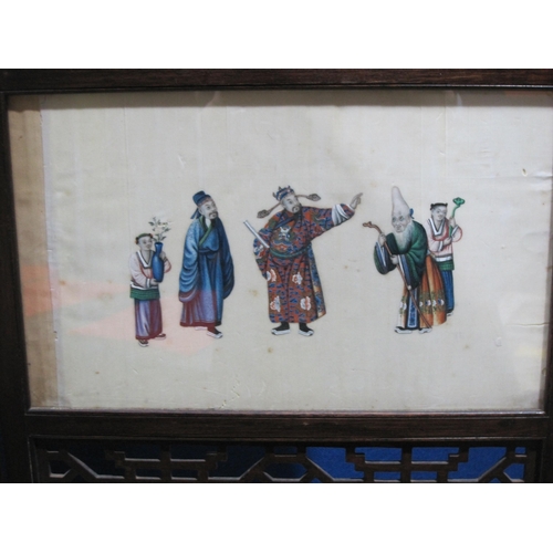 427 - A folding Chinese screen, HT 36  1/2 in, with four 19th century chinese rice paintings inset (all a/... 