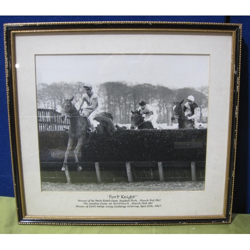 444 - Five framed photographs relating to the racehorse' Fort Knight'; two framed team photos for sports t... 