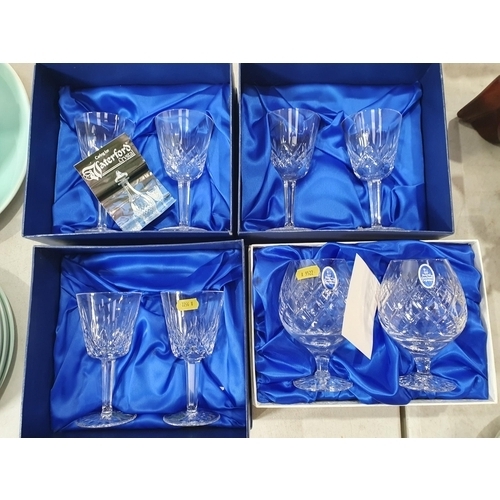 400 - Six Waterford Crystal Wine Glasses in boxes and a pair of Royal Doulton crystal Brandy Balloons in b... 