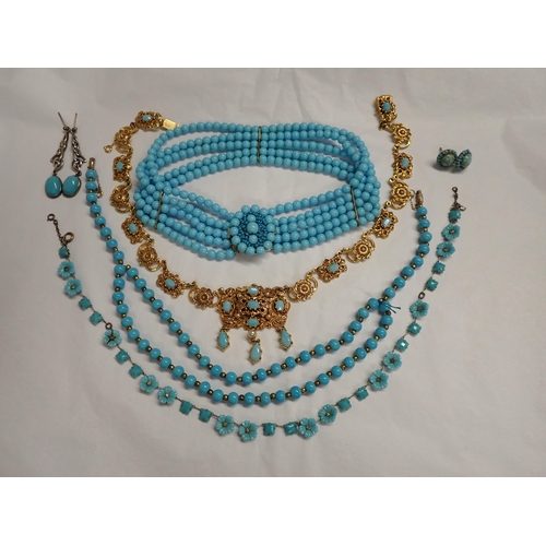 189 - A five strand turquoise coloured glass bead Choker with oval clasp, a gilt metal Necklace set turquo... 