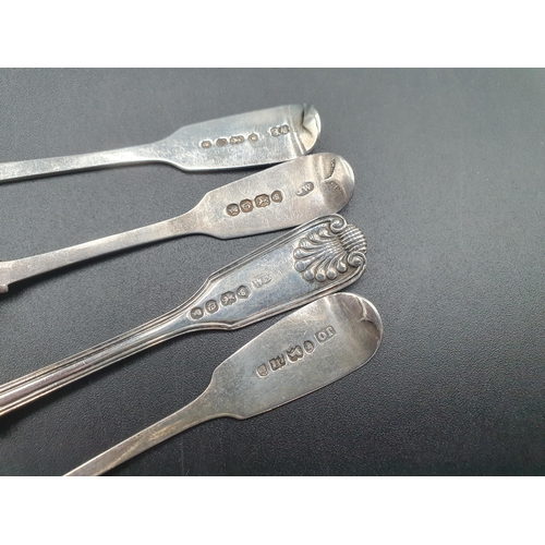 107 - Three Victorian silver Dessert Forks fiddle pattern, various dates and four Victorian silver Condime... 