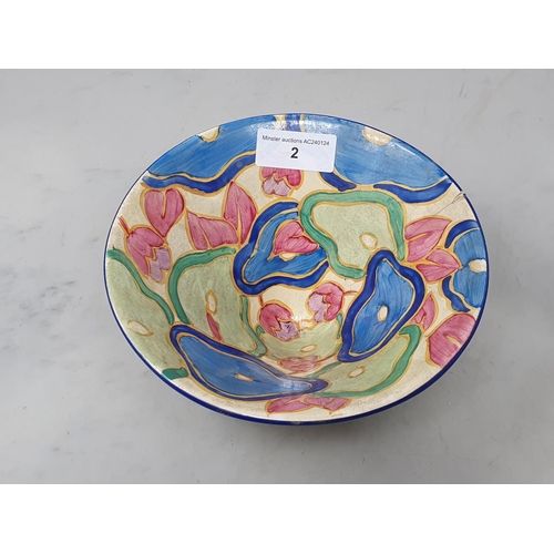 2 - A Clarice Cliff hand painted Art Deco Bowl on four supports 7 1/2in D x 4in H A/F (cracked and chipp... 