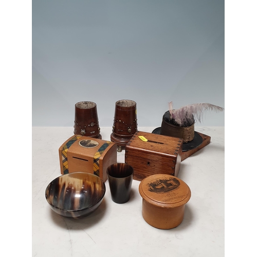 242 - A pair of treen Vases with brass stud decorations on paw feet, A/F, an Inkwell in the form of a feat... 