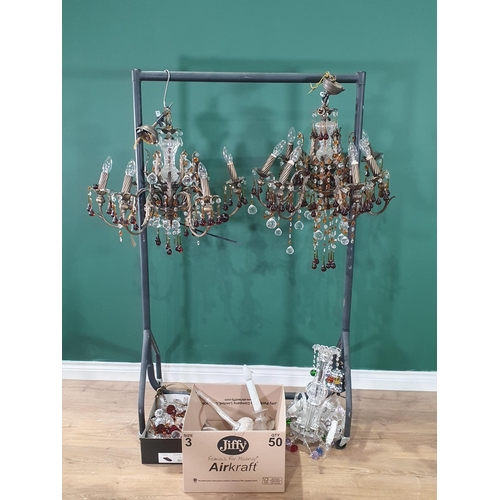 249 - A pair of modern bronzed six-branched Chandeliers, a glass Chandelier, A/F, and three boxes containi... 