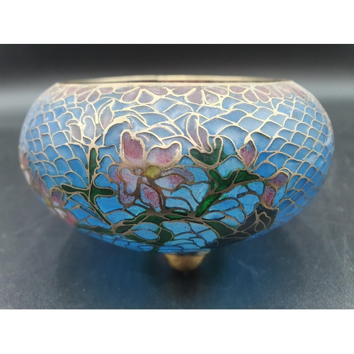 261 - A plique a jour small Bowl with flowering shrub design on blue ground, 4in diam