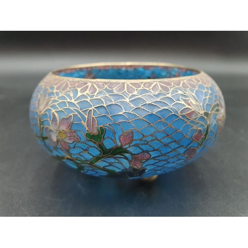 261 - A plique a jour small Bowl with flowering shrub design on blue ground, 4in diam