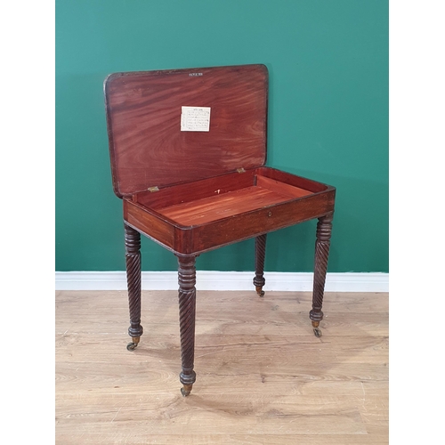 27 - A 19th Century mahogany Side Table with hinged lid on spiral turned supports 2ft 6in W x 2ft 3in H (... 