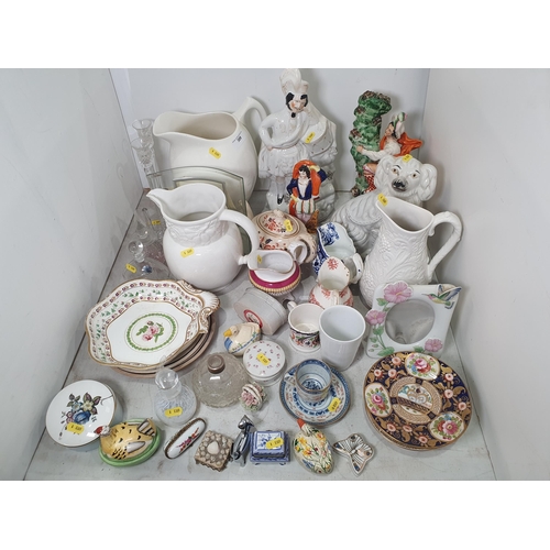 309 - Ceramics including four Staffordshire Figures, a white Water Jug, a cut-glass Ink Well (lacking stop... 