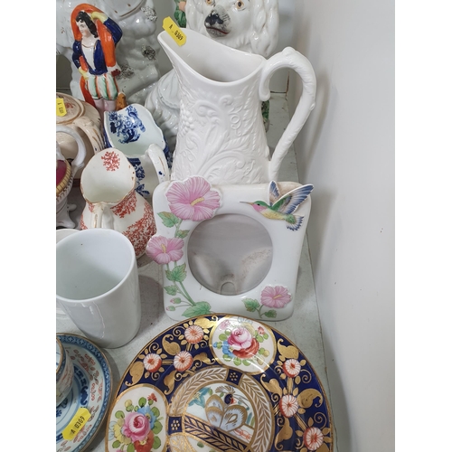 309 - Ceramics including four Staffordshire Figures, a white Water Jug, a cut-glass Ink Well (lacking stop... 