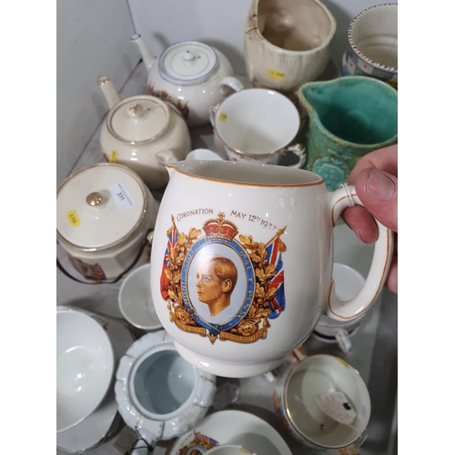 311 - A collection of Commemorative items including Teapots, a Biscuit Barrel, a Crown Ducall Jug, A/F, a ... 