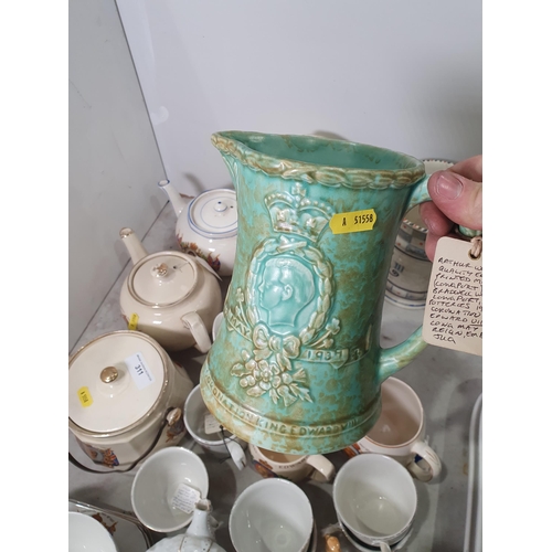 311 - A collection of Commemorative items including Teapots, a Biscuit Barrel, a Crown Ducall Jug, A/F, a ... 