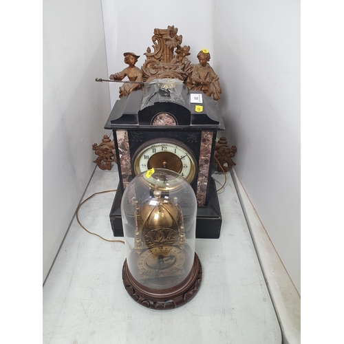 330 - Two gilt metal Mantle Clocks A/F, a modern Electric Lantern Clock under perspex Dome, and a slate ca... 