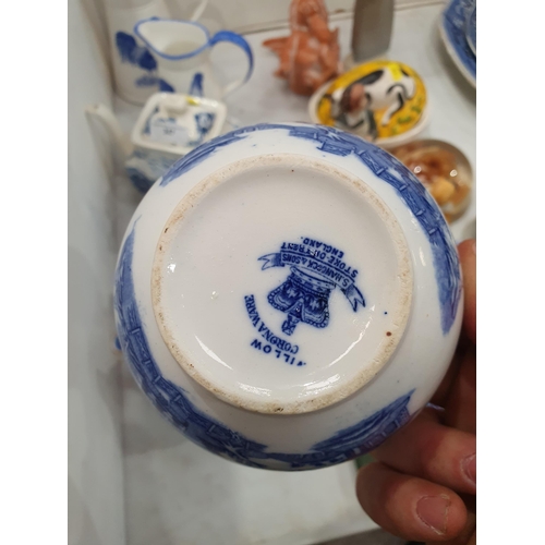 347 - Two blue and white Milton China Jugs with Chicken decoration, a blue and white Royal Warwick Teapot,... 