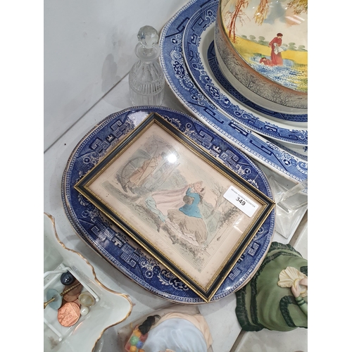 349 - Ceramics including, a Royal Doulton Bowl with figures in landscape, A/F, two large blue and white Me... 