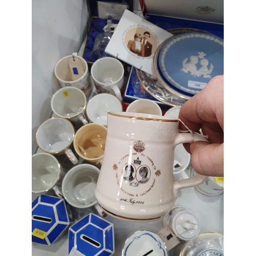 358 - Commerative Collectables including, Money Boxes, two Tins, Mugs, a boxed Wedgwood Jasper Medallion o... 