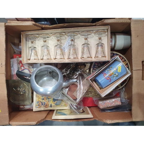 368 - Two boxes of ceramics and Commemorative items including a Prattware lidded Dish, A/F, a Present from... 