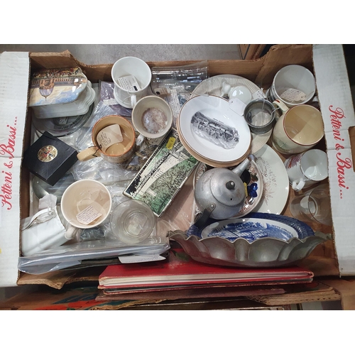 368 - Two boxes of ceramics and Commemorative items including a Prattware lidded Dish, A/F, a Present from... 