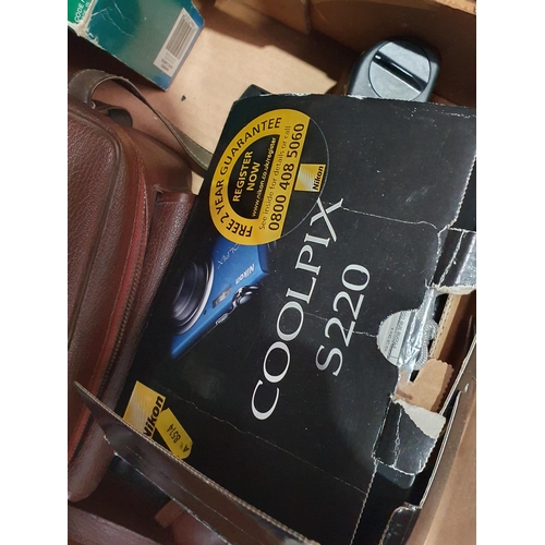 374 - Two Boxes of assorted Cameras and Equipment including, Nikon Coolpix S220, a Praktica BC 1, a Kodak ... 