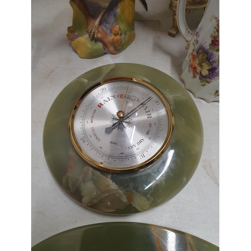 383 - A cold painted metal Gun Dog Pen Rest, a Barometer, a Royal Worcester 