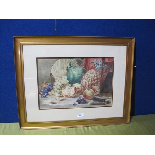 402 - R. AUSTIN. A Still Life with pineapple, apples and grapes on a ledge, signed, watercolour, 12 x 24 i... 