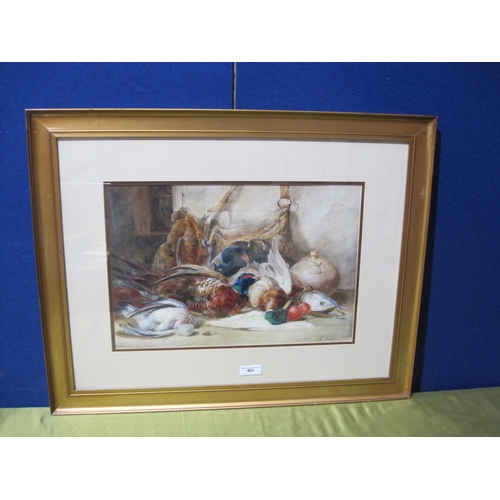 403 - R. AUSTIN. A Larder still Life with pheasant, duck and pigeon, signed, watercolour, 12 x 24 in