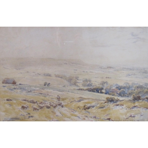 415 - HAROLD SWANWICK. Downland landscape with a shepherd and sheep on a path, signed, watercolour, 9 x 14... 