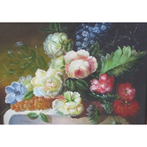 416 - LATE TWENTIETH CENTURY SCHOOL.A still life of mixed Flowers on a ledge, bears signature 'L.Rose', oi... 