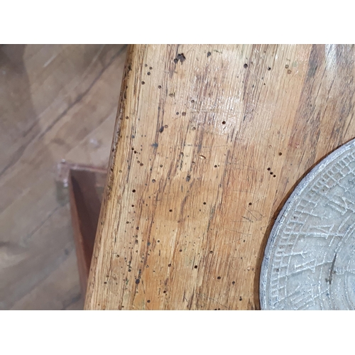 42 - A vintage oak School Desk, 2ft 8in High x 2ft Wide x 1ft 6in Deep, a Sundial and an Iron. (R9).